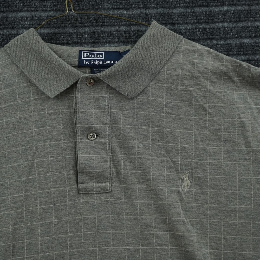Polo Ralph Lauren Polo Shirt Mens XL Gray Windowpane Check Cotton Short‎ Sleeve